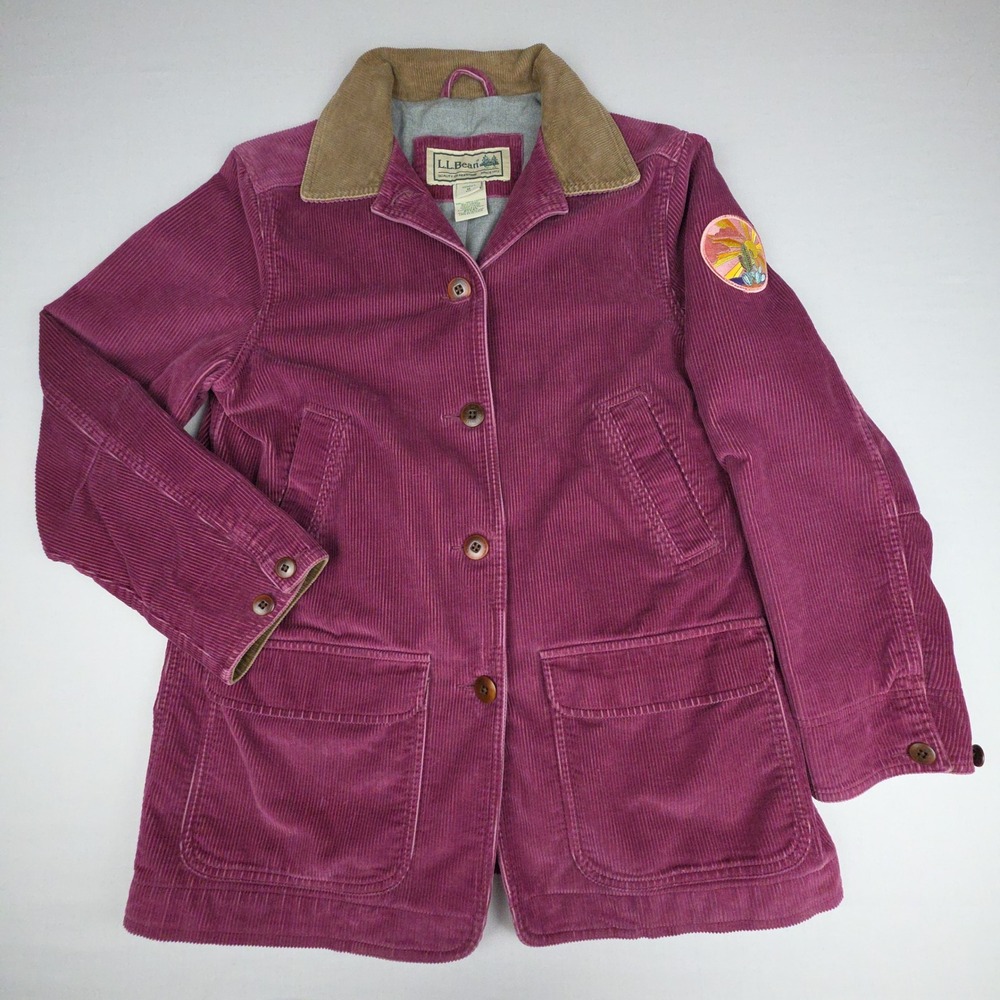 Vintage LL Bean Corduroy Barn Coat Jacket Womens M Magenta Pink Patch Field Coat
